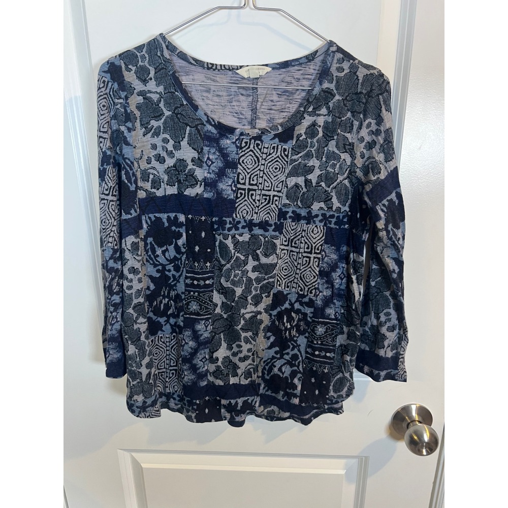 Lucky Brand Womens Top Patchwork Floral Burnout Blue Size M